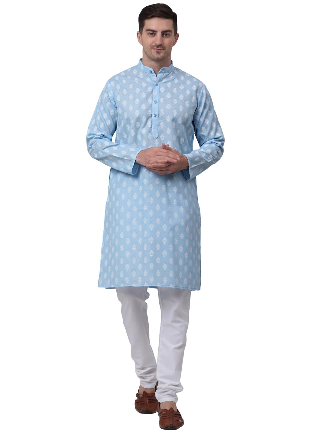Jompers Men's Cotton Floral Printed Kurta Pyjama Set. (Sky, Medium)