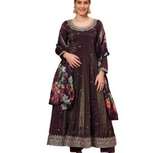 SHOPPING QUEEN Women's Silk Embroidered Kurta, Pyjama & Dupatta Set (A601_Eggplant Wine_L)