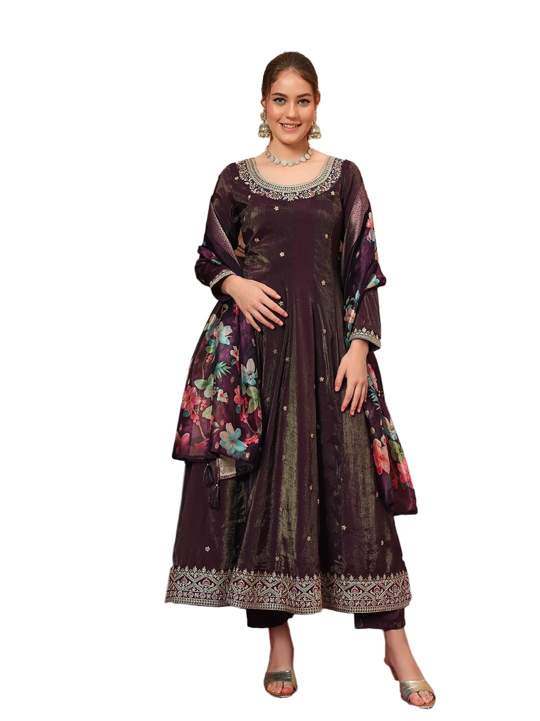 SHOPPING QUEEN Women's Silk Embroidered Kurta, Pyjama & Dupatta Set (A601_Eggplant Wine_L)