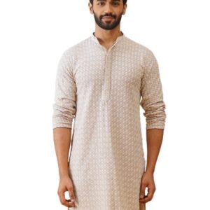 Jompers Mens Beige Sequin Embroidered Pure Cotton Kurtas (Beige, S)