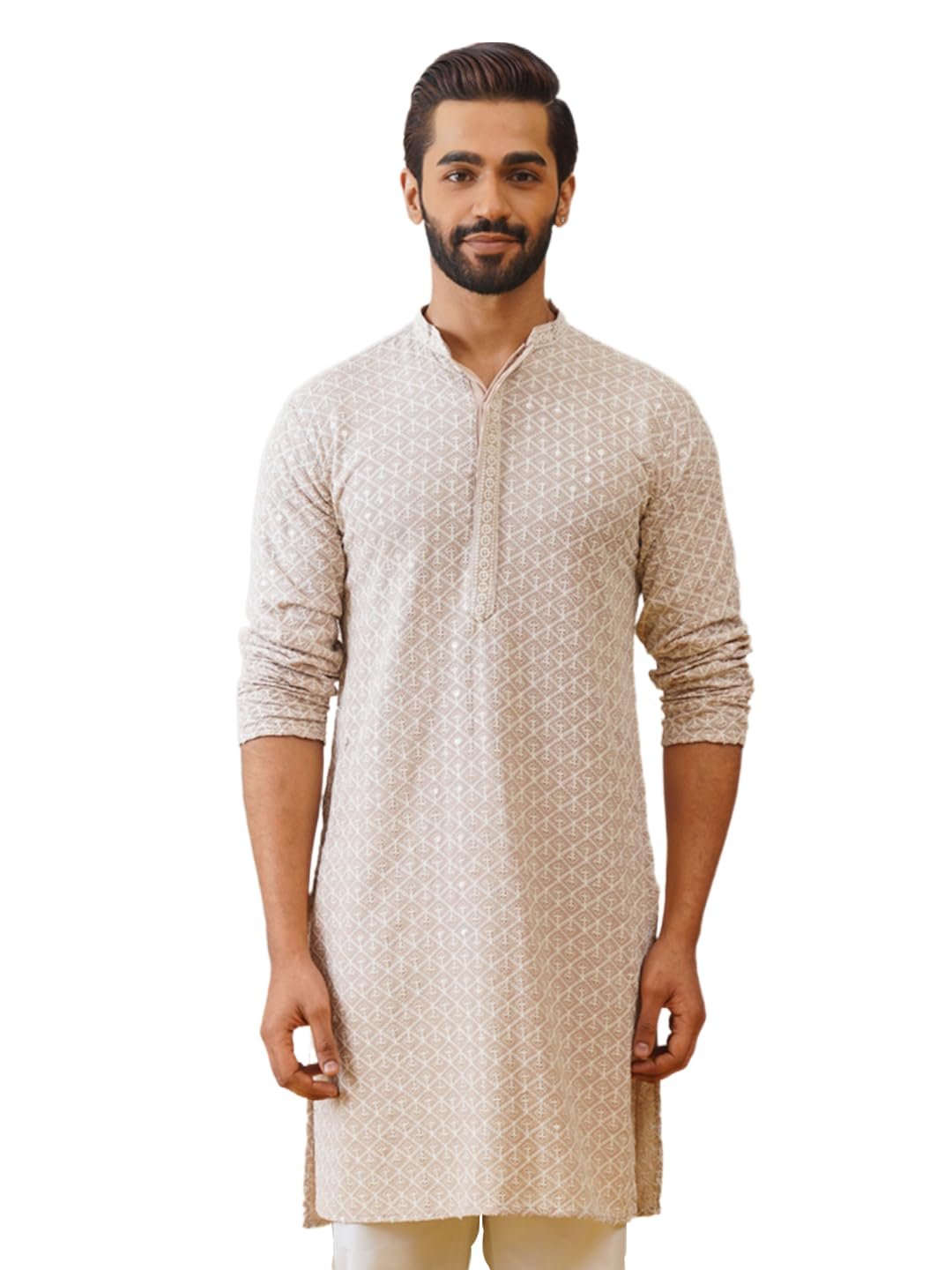 Jompers Mens Beige Sequin Embroidered Pure Cotton Kurtas (Beige, S)