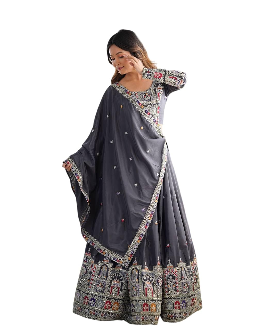 LETS ROCK 2.0 Women's Crepe Silk Sequence Embroidery and Zari Work Rajsthani Lehenga Choli with Dupatta (Black-XXL)