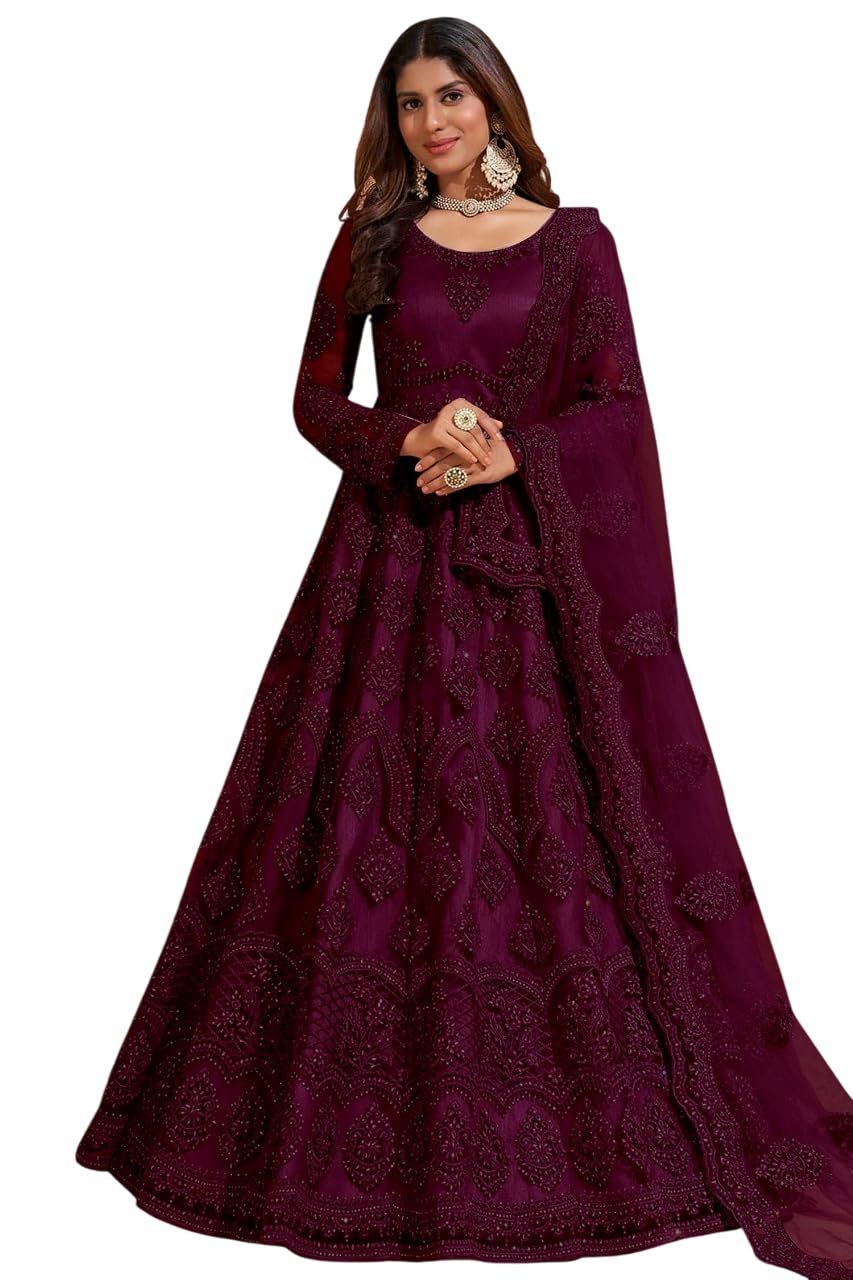 JULEE Women A-Line Maxi Net Embroidered Semi-Stitched Gown (Sunita Gown Dark Rani) 6XL