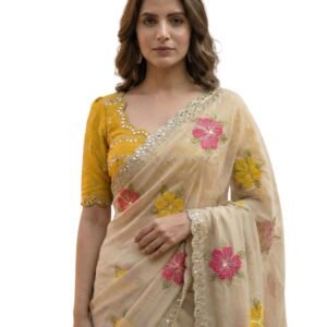 Kryone Collection Handcrafted Floral Embroidered Saree with Contrast Yellow Blouse