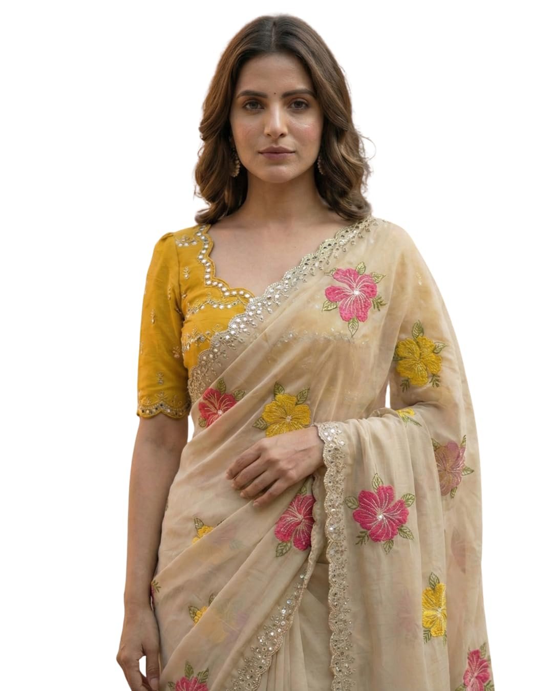 Kryone Collection Handcrafted Floral Embroidered Saree with Contrast Yellow Blouse