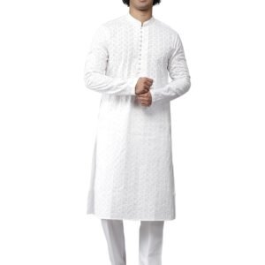 See Designs Men Cotton White Chikankari Embroidered Straight Kurta With Pyjama