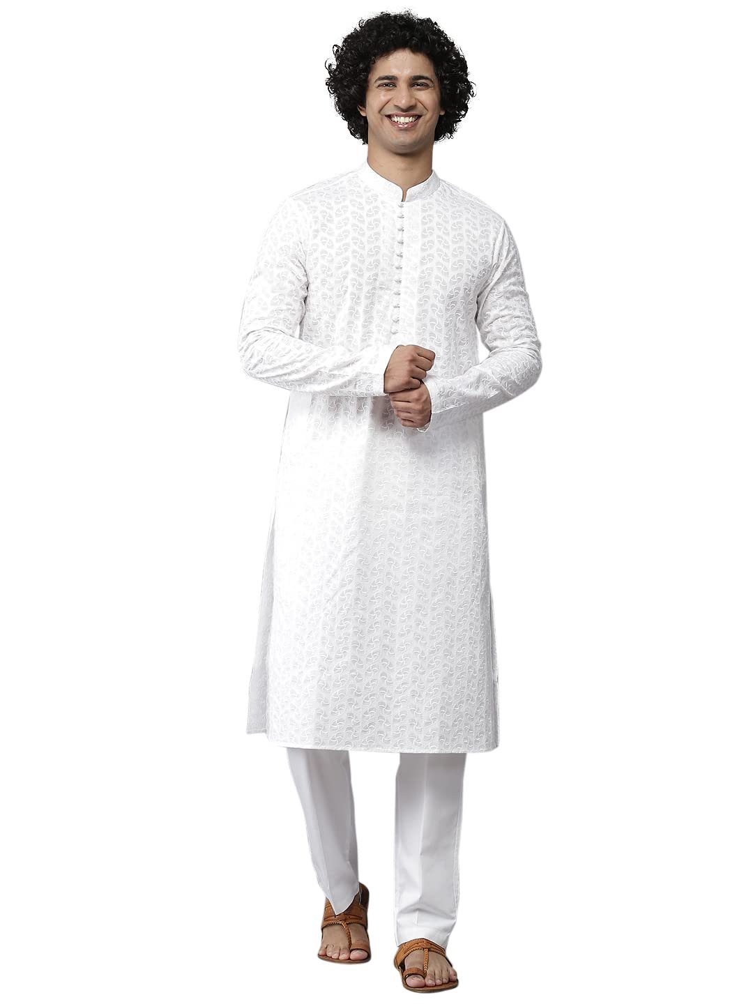 See Designs Men Cotton White Chikankari Embroidered Straight Kurta With Pyjama