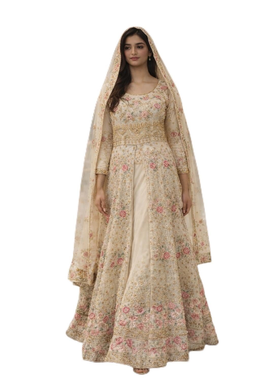 Women's Embroidered Front Open Anarkali Lehenga Set with Dupatta, Elegant Cream and Pink Floral Design, Traditional Bridal Wear