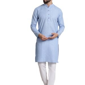 SOJANYA (Since 1958 Men's Cotton Blend Blue checked kurta and White Churidar Pyjama Set