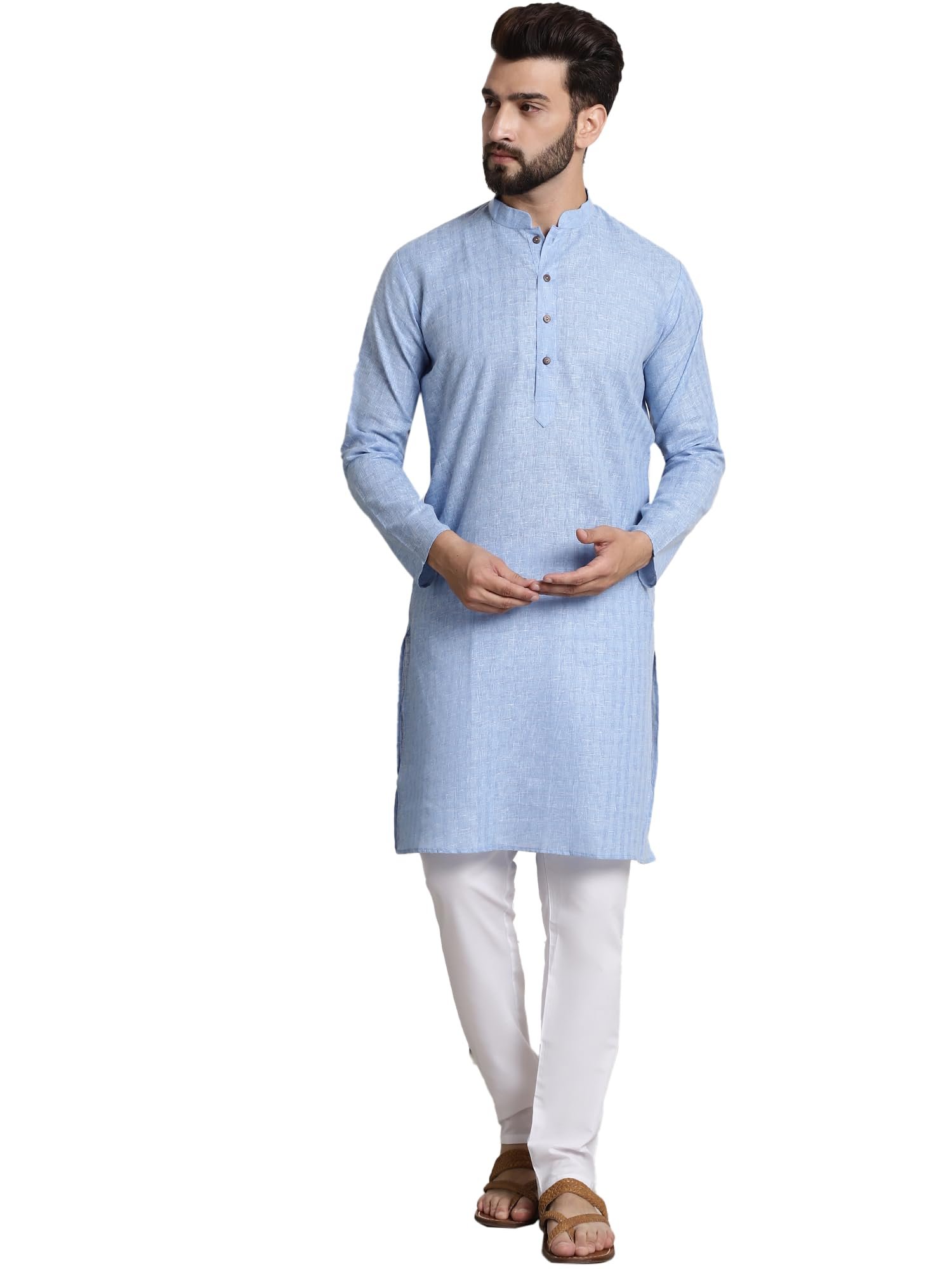 SOJANYA (Since 1958 Men's Cotton Blend Blue checked kurta and White Churidar Pyjama Set