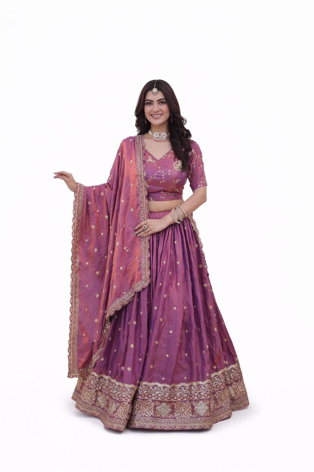 NIVACASA Silk Embroidered Lehenga Choli with Dupatta | Sequins & Zari Work (Wine)