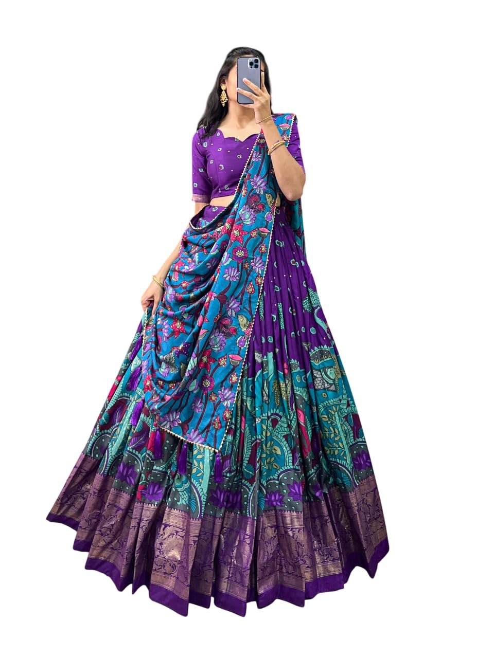 Women Tussar Silk Unstitched Dot & Ikkat Print With Foil Work Lehenga Choli Set (Purple), Medium