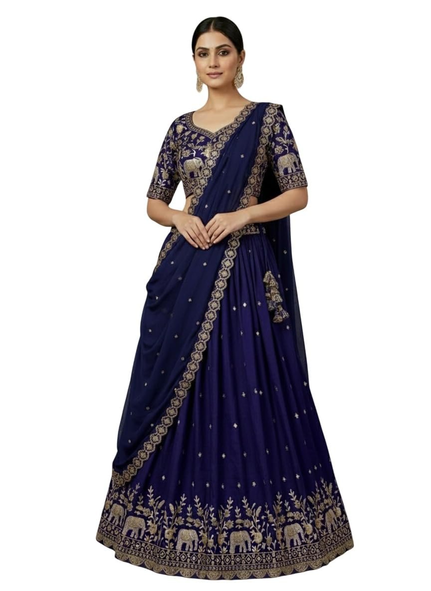 A To Z Cart Women's Chinon Embroidered Semi-Stitched Lehenga Choli Flora LH Blue-01