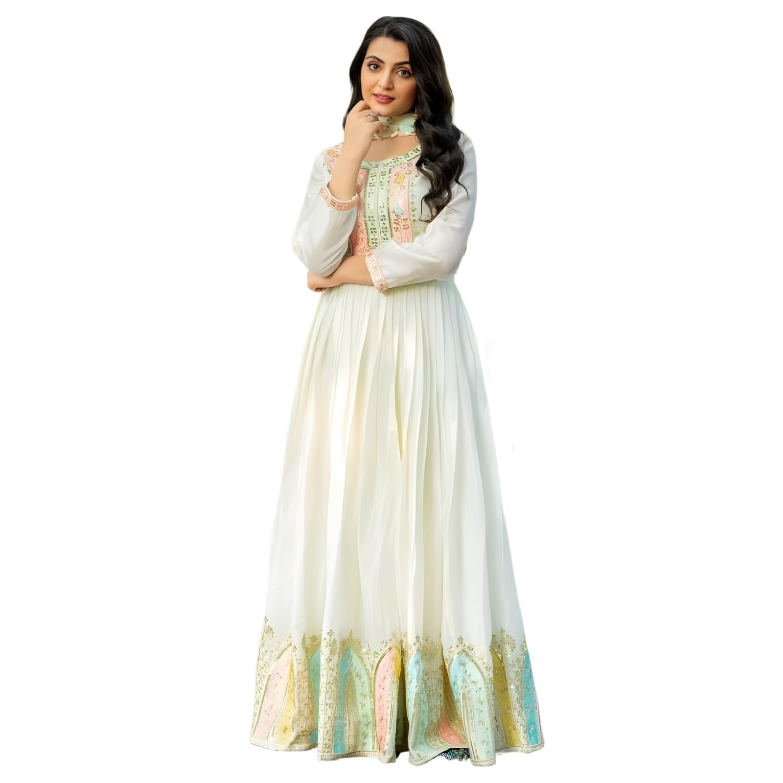 SHISHKALA Women's White Embroidered Anarkali Gown Set with Dupatta | Heavy Georgette Ethnic Dress for Women | Traditional Indian Outfit for Wedding, Reception, Festive (in, Alpha, XL, Regular, White)