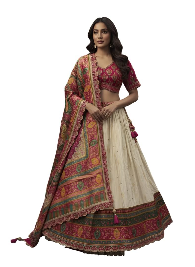 Women's Embroidered Lehenga Choli Set, Off-White and Magenta, with Dupatta