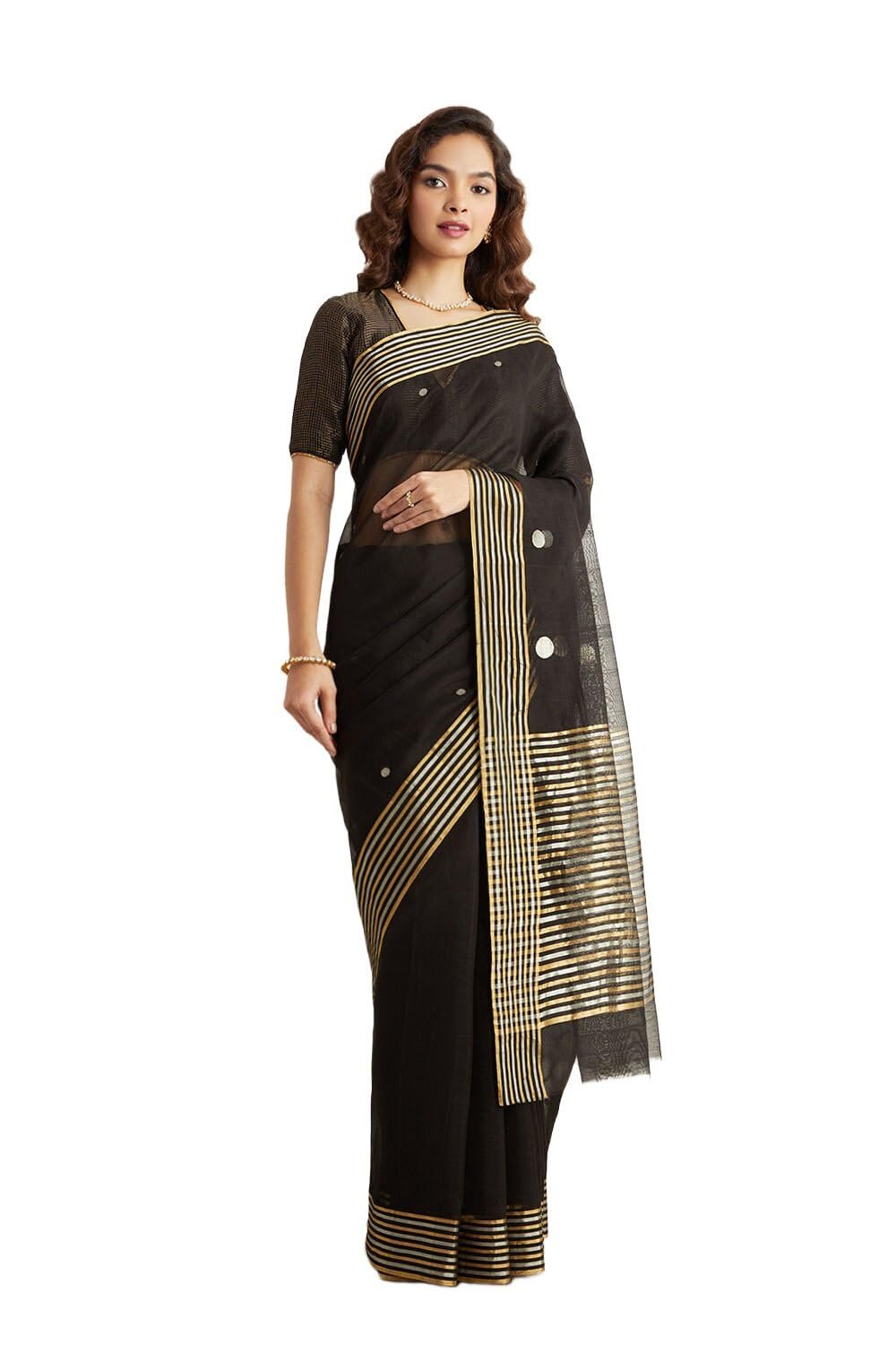 Taneira Chanderi Eknaliya Silk Cotton Saree For Women With Unstitched Blouse Piece (Black-SHH08I00159)