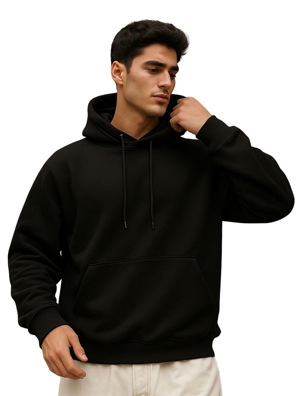 Veirdo Men’s Black Cotton-Poly Fleece Hoodie – 280 GSM, Regular Fit, Solid Sweatshirt
