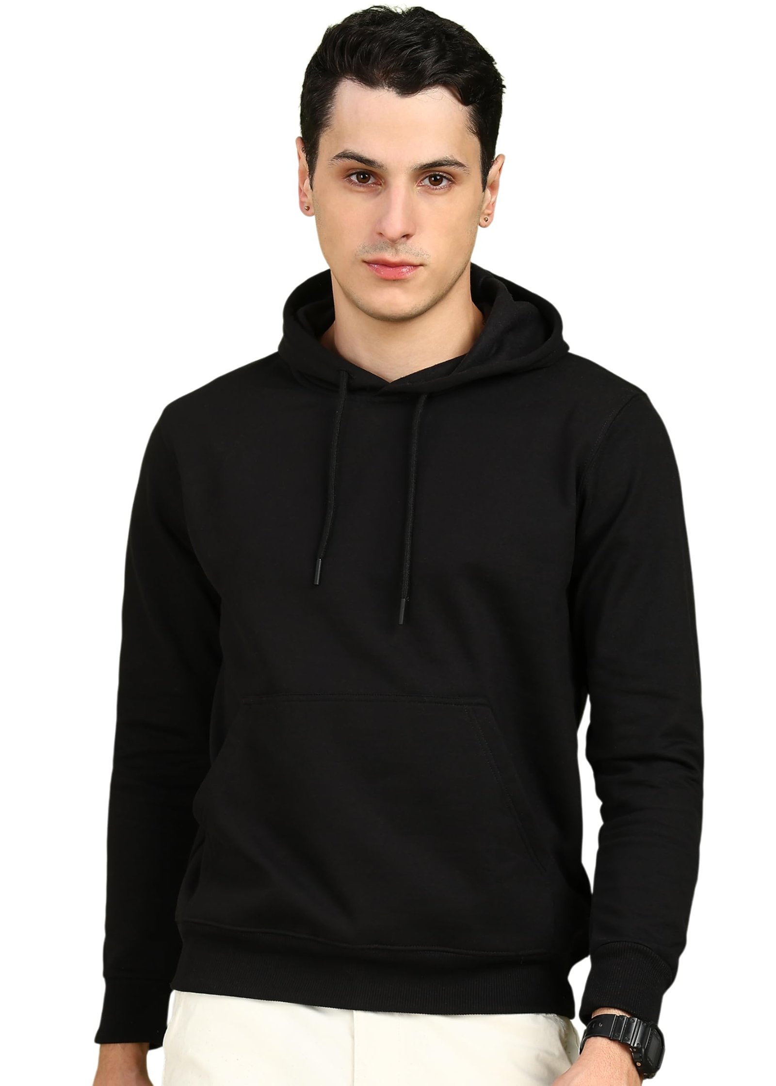 Alan Jones Clothing Men’s Solid Hooded Sweatshirt | Drawstring Hood, Kangaroo Pocket, Ribbed Hem | Regular Fit | Sizes S–5XL | Multiple Colors (Black_L)