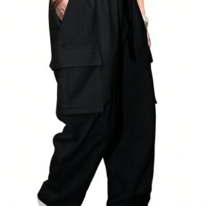 GRECIILOOKS Men's Regular Fit Low Rise Polyester Cargos | Cargo Track Pant | Loose Fit | Regular Trouser Black