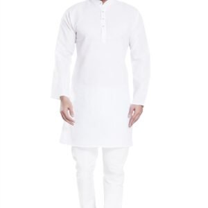 DIVISIVE Men's Plain Cotton Blend Linen Slim Fit Kurta Pyjama Set (DKRT70_M_White)