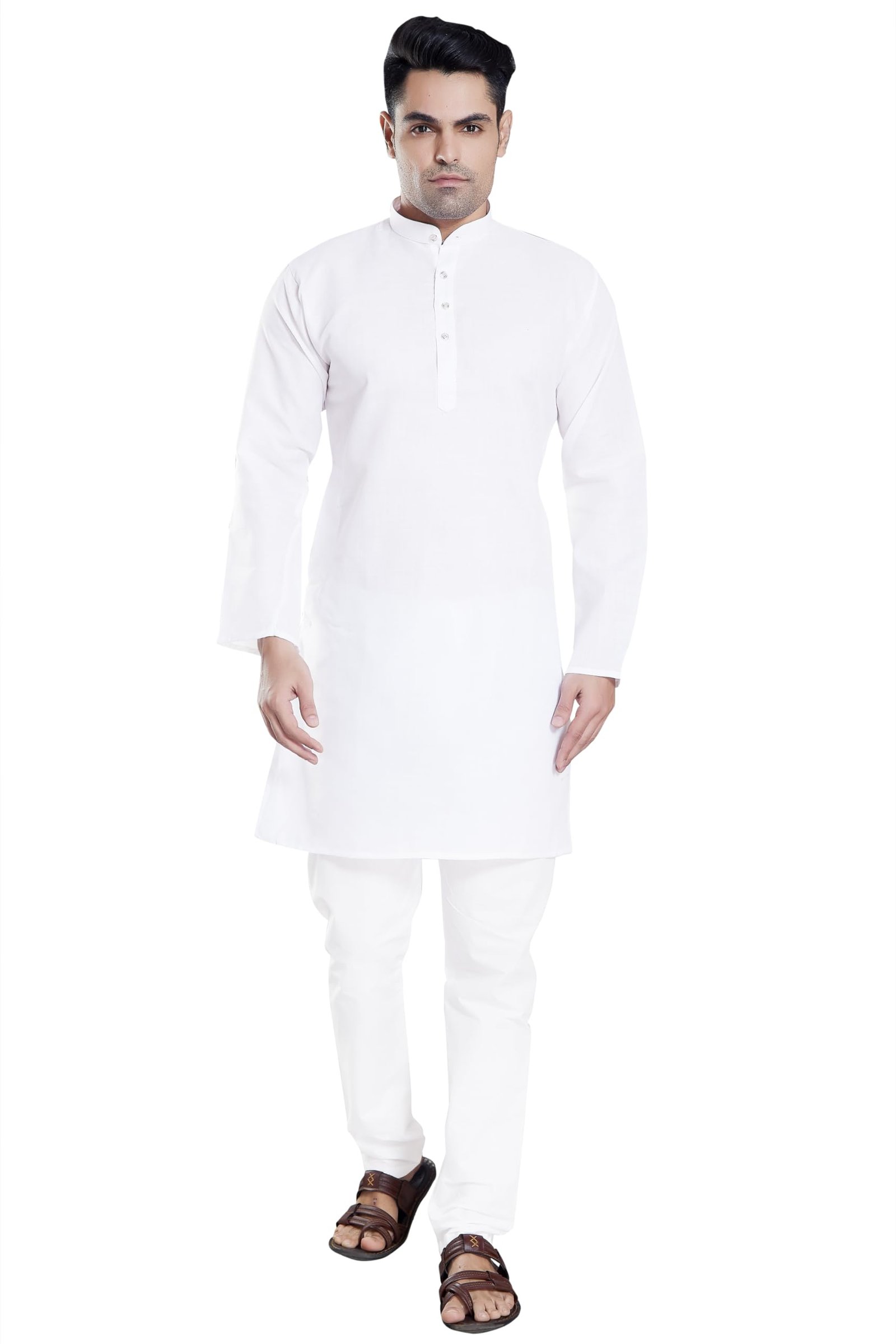 DIVISIVE Men's Plain Cotton Blend Linen Slim Fit Kurta Pyjama Set (DKRT70_M_White)