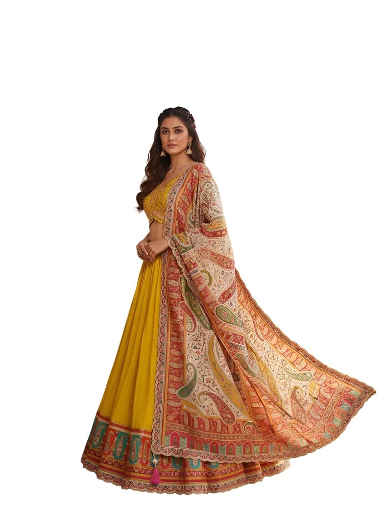 Yellow Embroidered Lehenga Choli with Paisley Dupatta, Silk Blend