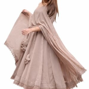 Supreetha Women Solid Flared Anarkali Gown with Dupatta | Elegant Floor Length Ethnic Dress | Party, Festive Beige