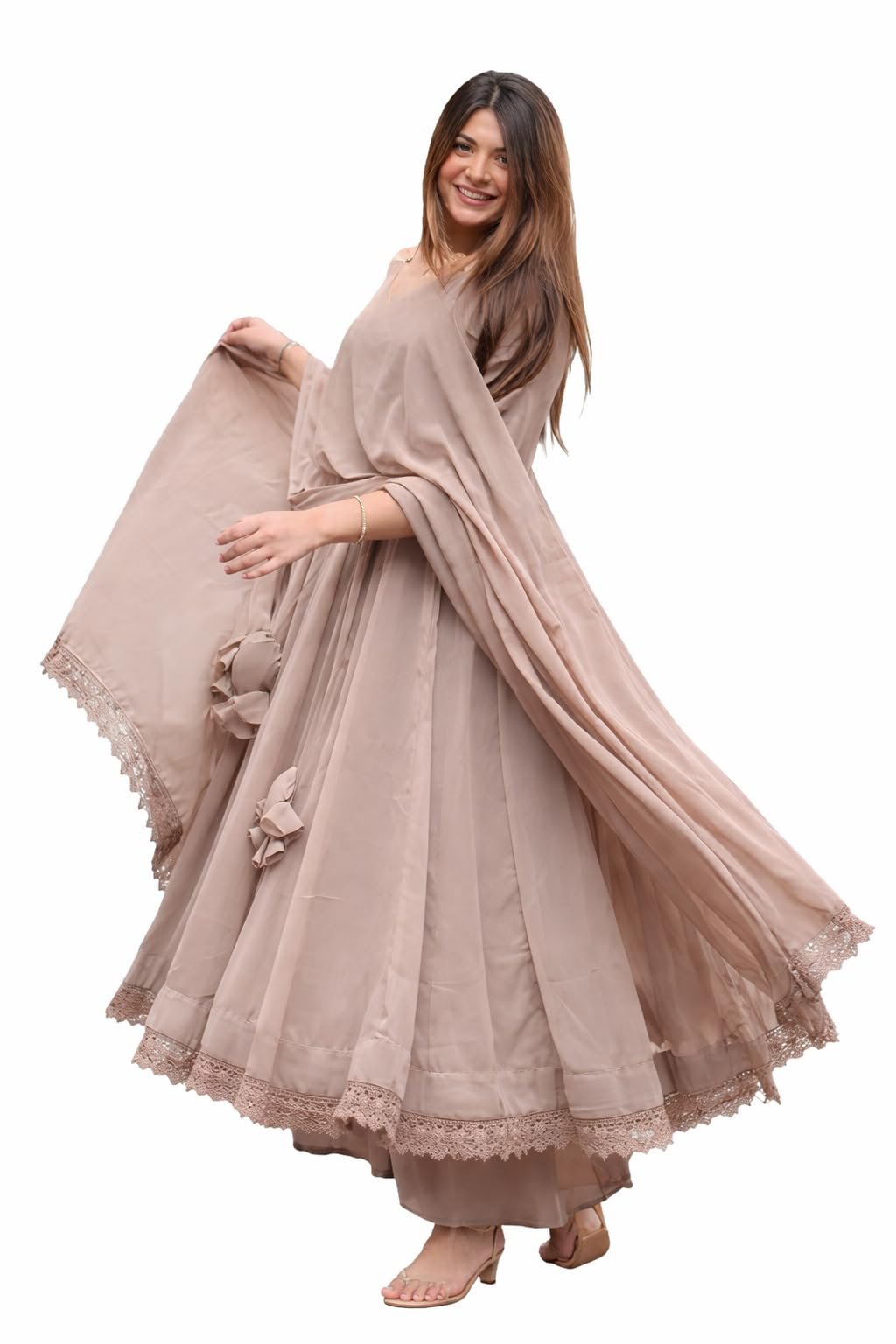 Supreetha Women Solid Flared Anarkali Gown with Dupatta | Elegant Floor Length Ethnic Dress | Party, Festive Beige