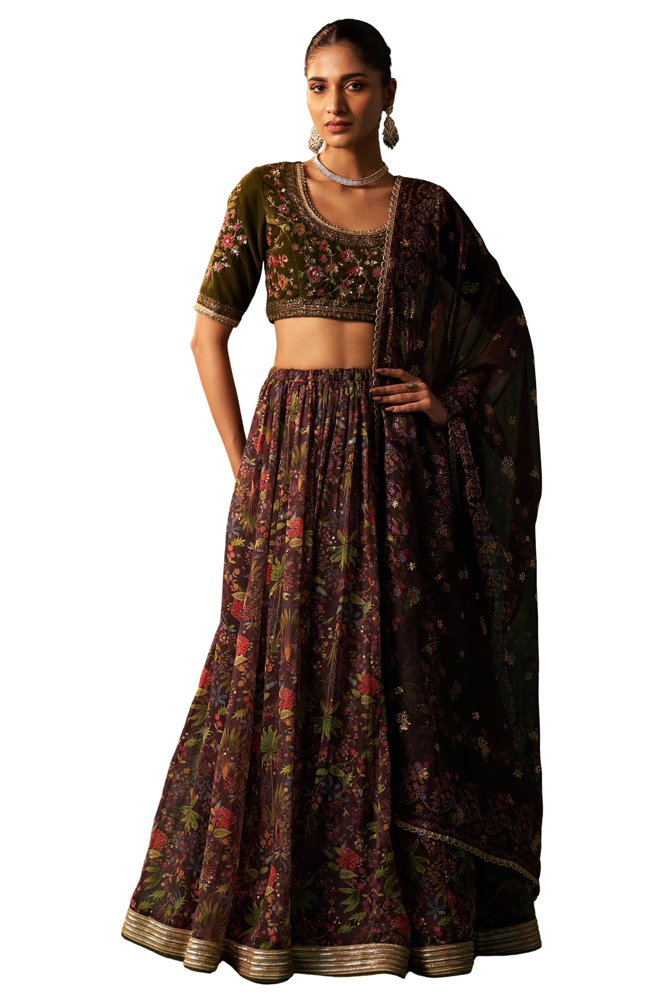 Wishful Women's Green Embroidered Velvet Blouse with Floral Printed Skirt and Dupatta Set (SP12875-223812-L)