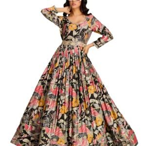 madhuram textiles Women's vetican Print with Hand Embroidery Work Anarkali Long Gown(M-2544 Black_Small)