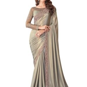 AKHILAM Women's Satin Silk Embellished Designer Saree With Blouse Piece (Metallic_SILVER27011_TFH)