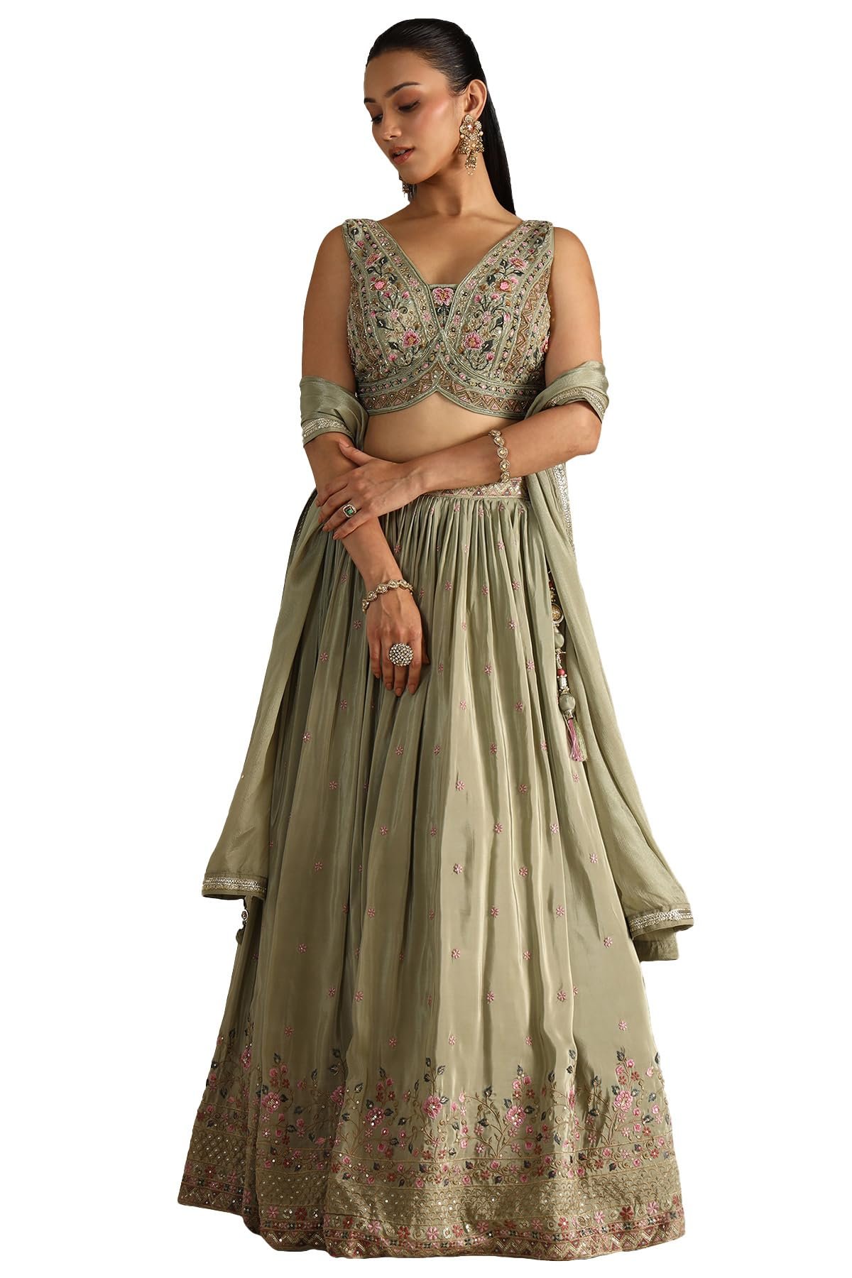 Soch Womens Sap Green Crepe Embroidered Lehenga Choli With Mirror and Cutdana