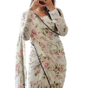 Sidhidata Women's Georgette Printed Ready To Wear one Minute Saree With Unstitched Blouse Piece (1000 Butty White_White_Free Size)