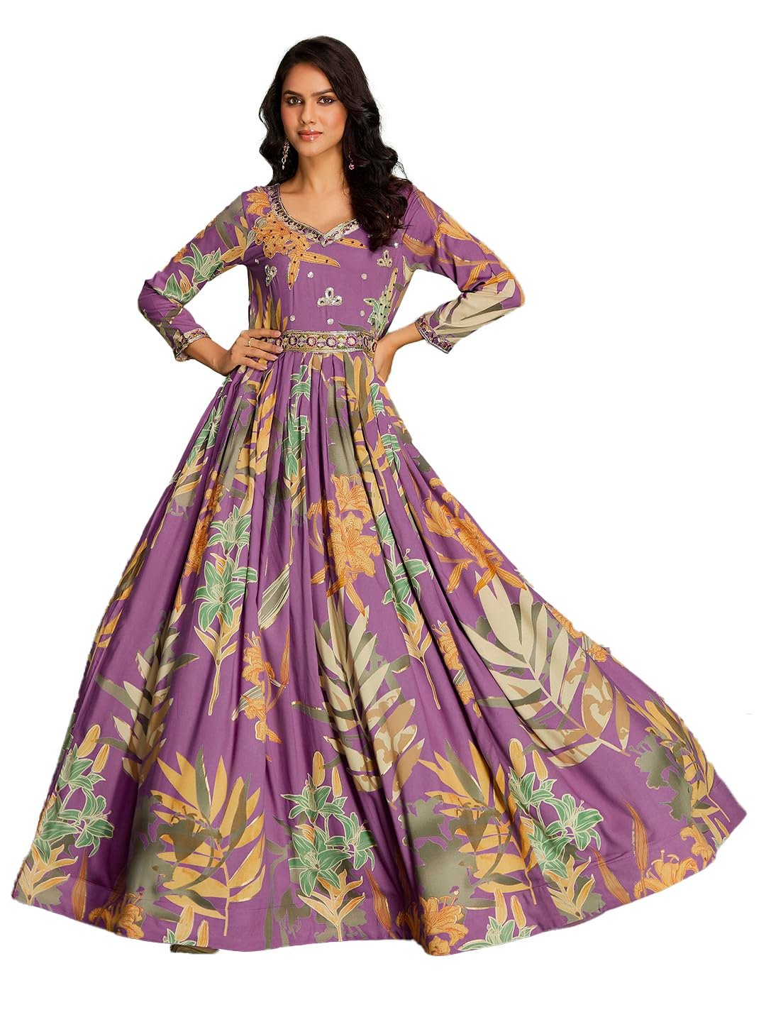 madhuram textiles Women's Rayon Print with Hand Embroidery Work Anarkali Long Gown(M-2543 Pink_Small)