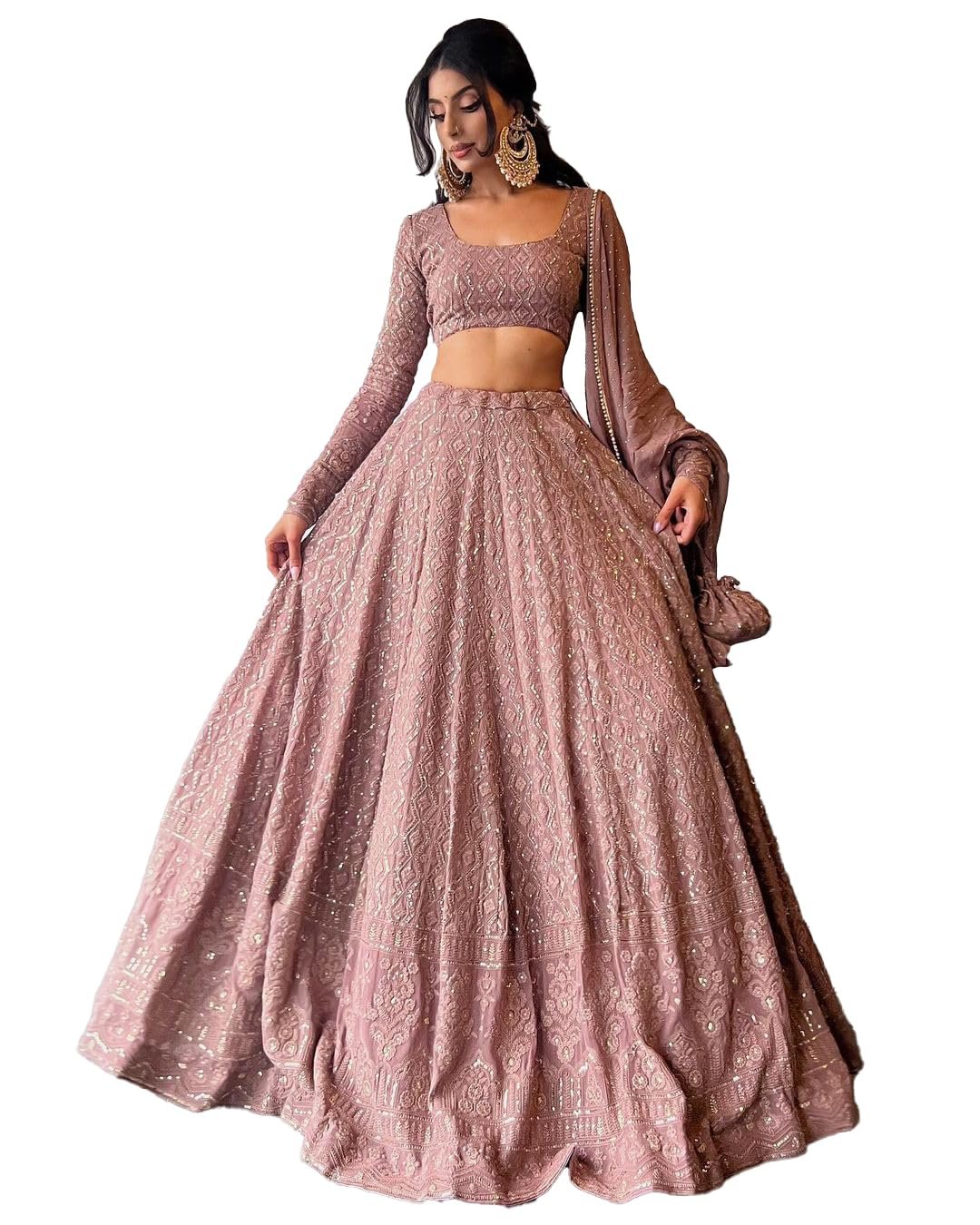 JIHU CULTURE Georgette Sequence Lucknowi Embroidery Work Semi sttiched Lehenga choli set for women (pink)