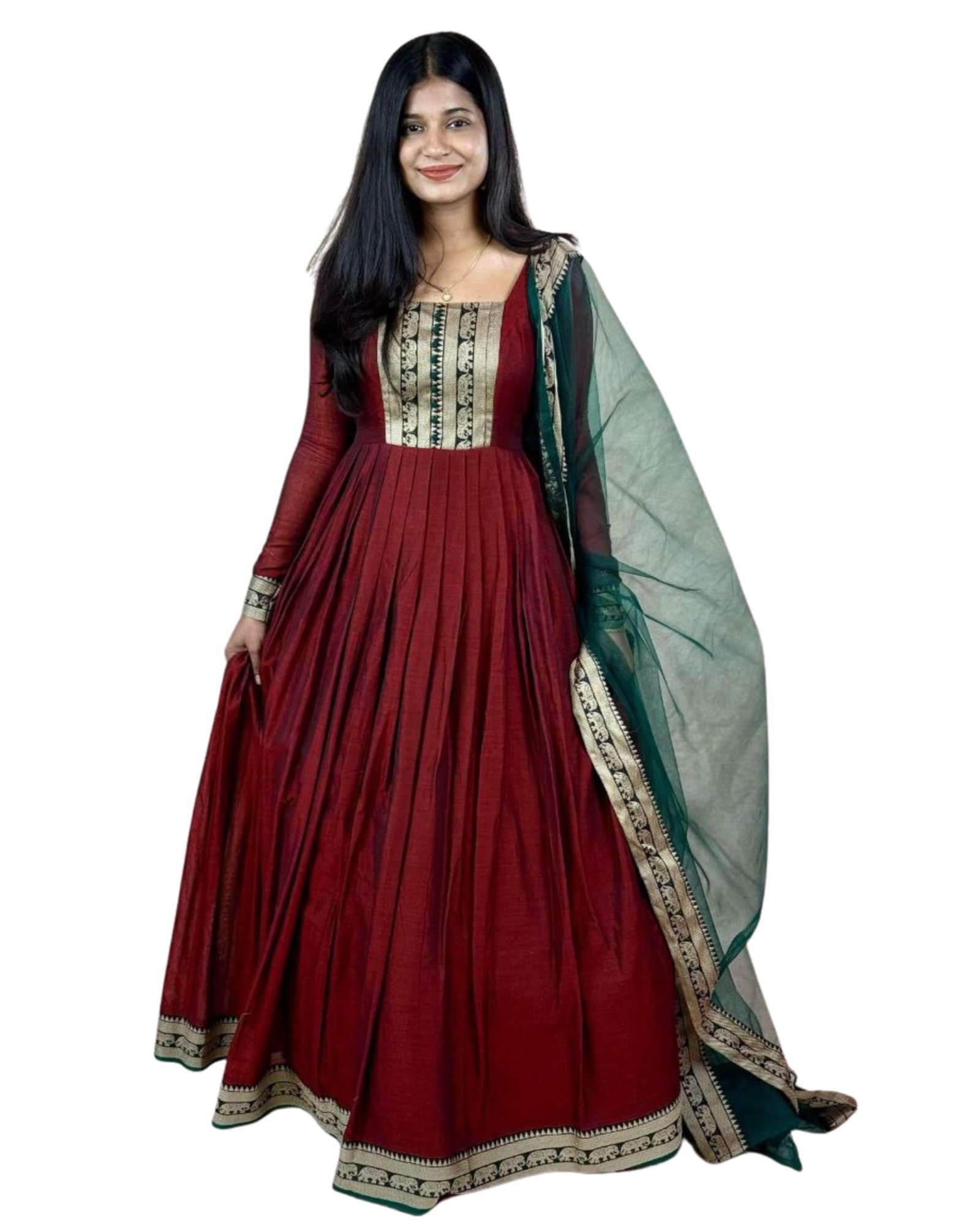 DOSPARO Elegant Vichitra Silk Gown with Jacquard Zari Border – Includes Soft Net Dupatta with Lace Trim Ethnic Dress for Women & Girls (in, Alpha, 2XL, Regular, Women, Red)