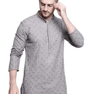 Jompers Men's Sequin Embroidered Pure Cotton Kurtas (Grey, L)