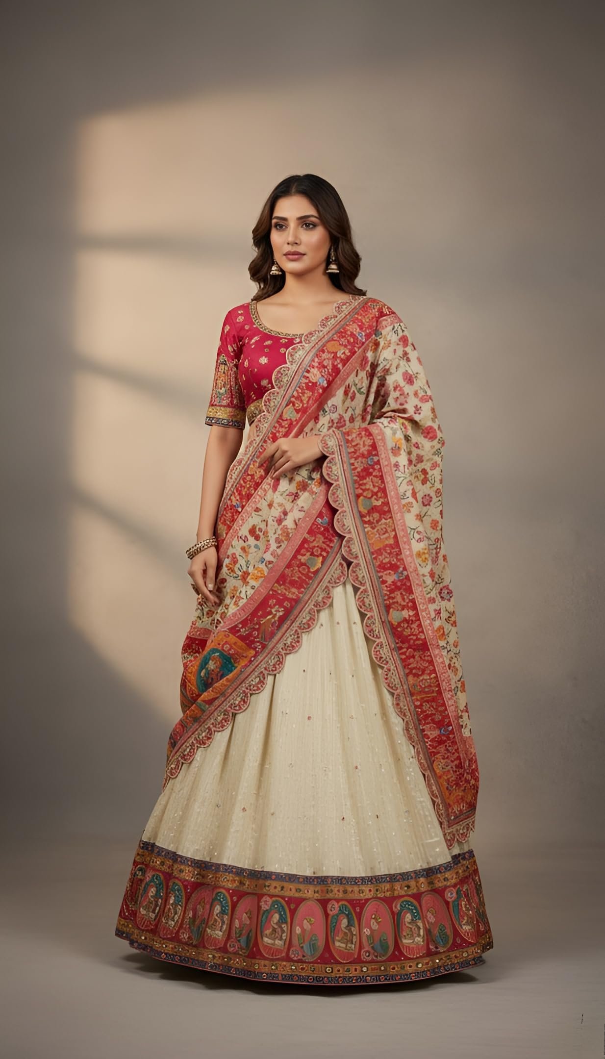 Women's Embroidered Lehenga Choli Set, Cream and Red, Floral Print Dupatta - Image 2