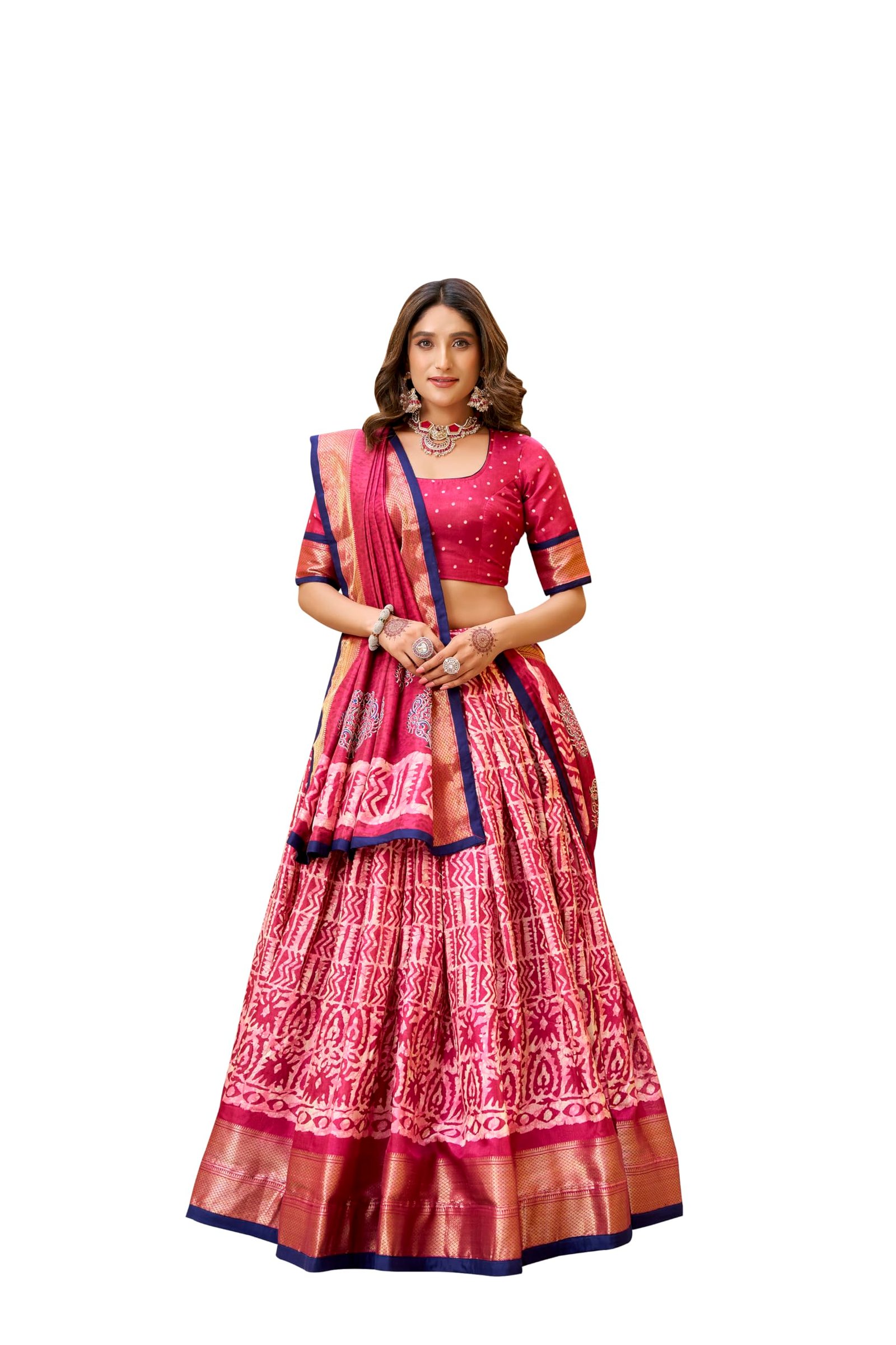 LooknBook Art Women's Silk Blend Lehenga Choli and Dupatta Ensemble - Ethnic Featuring Traditional Kalamkari Motif Print and Scalloped Border Embellishments