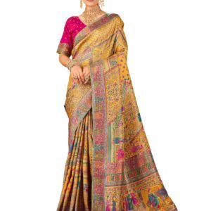 Glory Sarees Women’s Luxurious Dola Pure Silk Original Saree Position Print Work Madhubani Inspired Motifs Banarasi Kanjivaram Style Saree With Blouse Piece (Elegant101_Yellow)