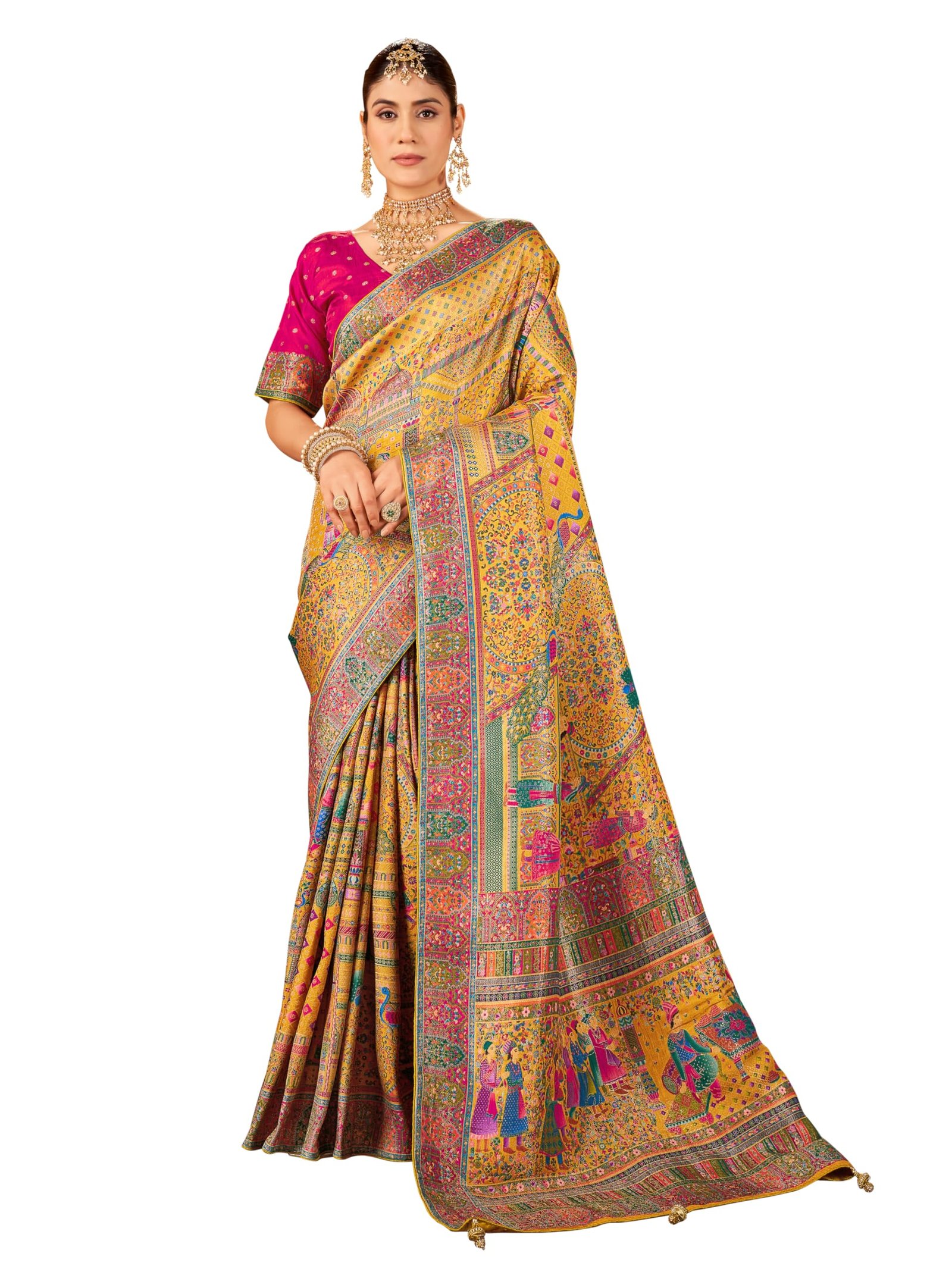 Glory Sarees Women’s Luxurious Dola Pure Silk Original Saree Position Print Work Madhubani Inspired Motifs Banarasi Kanjivaram Style Saree With Blouse Piece (Elegant101_Yellow)