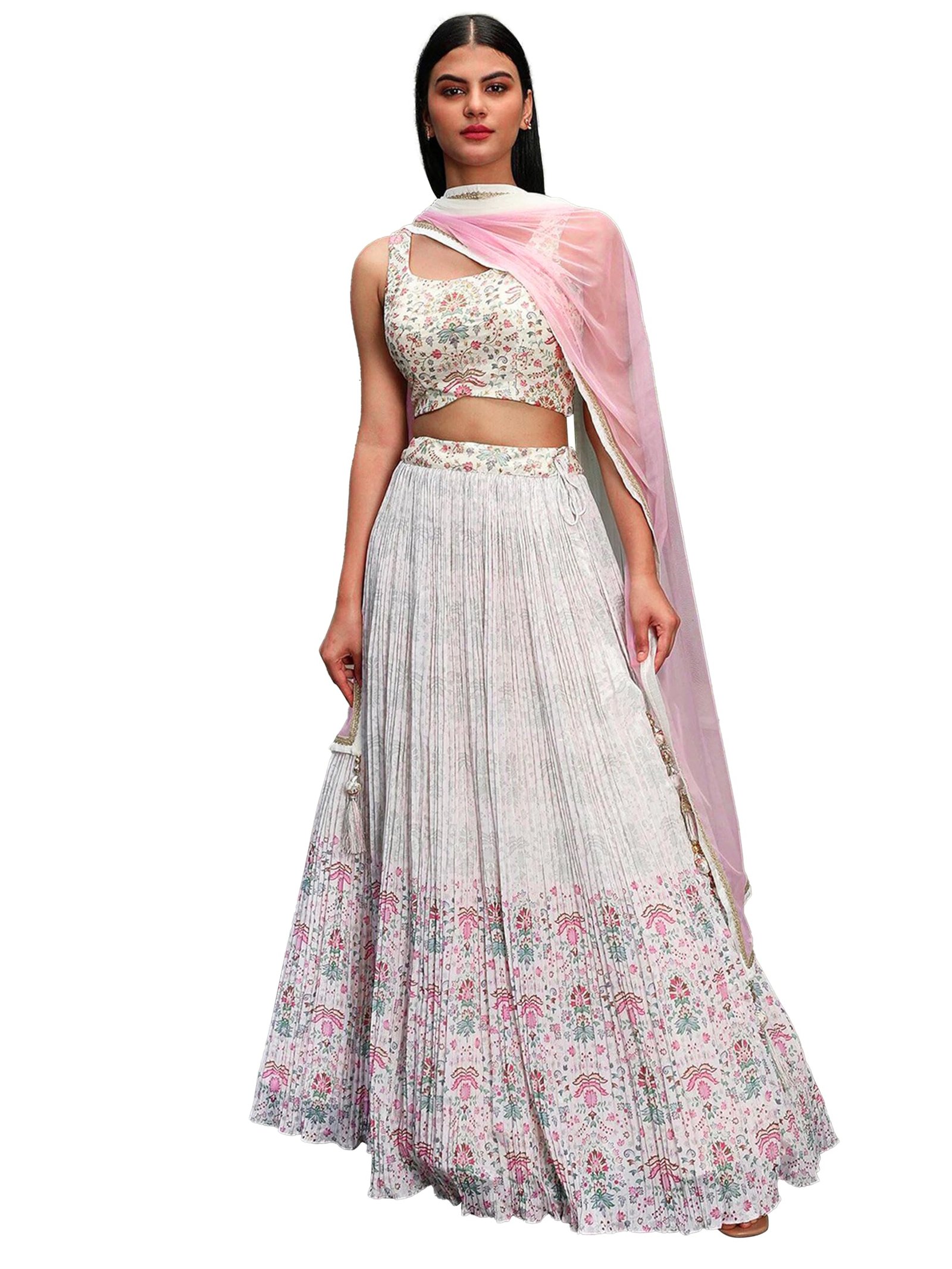 TRENDMALLS Women's Georgette Printed Lehenga Choli Unstitch Blouse with Dupatta For Women (L315-White-SemiStitch)