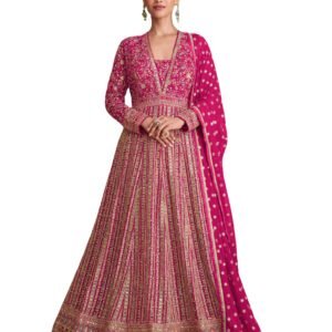 Miss Ethnik Women's Pink Chinon Stitched Gown With Dupatta Full Sleeve Embroidered Anarkali Gown (ME-1275-Pink-XXL)