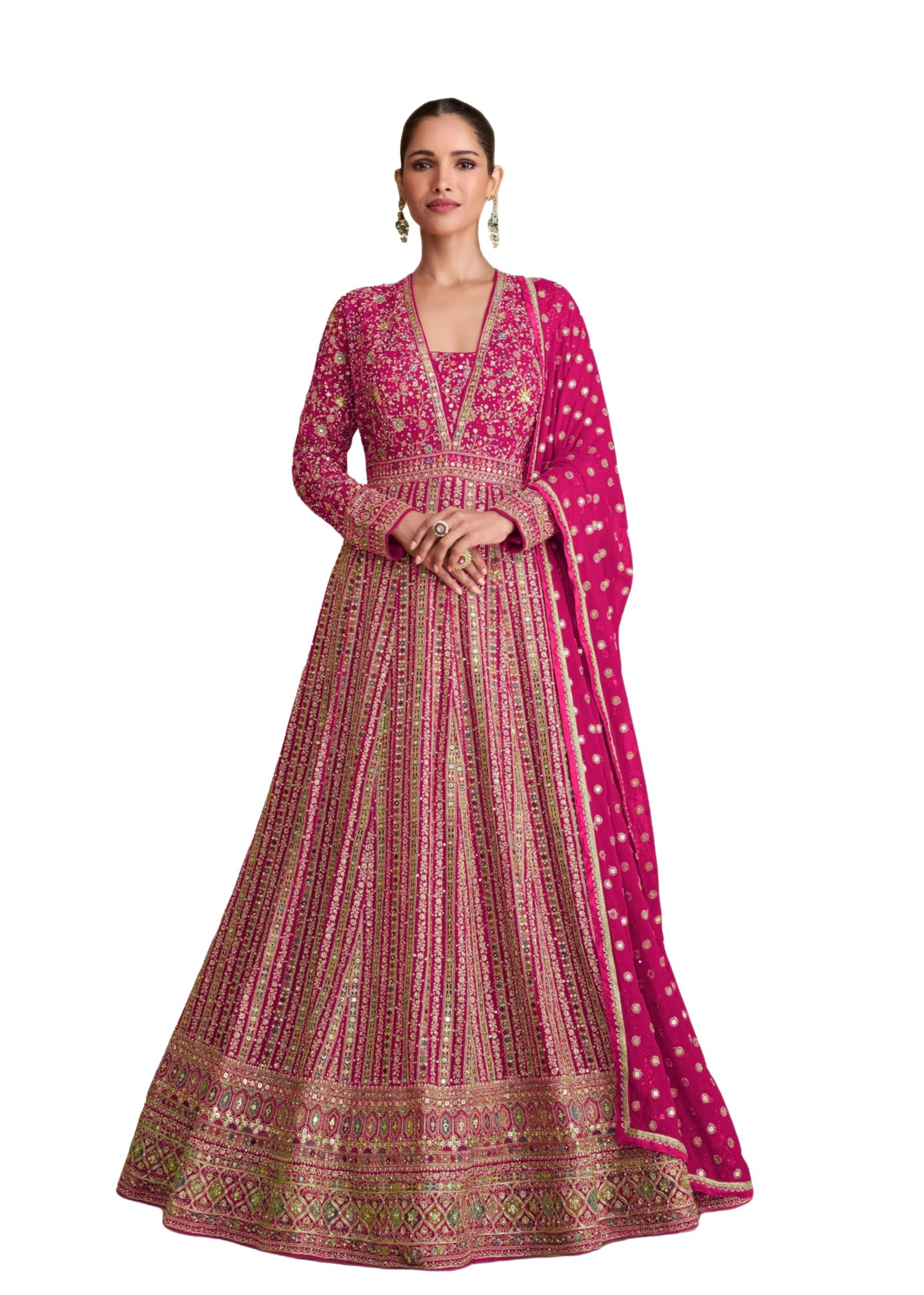 Miss Ethnik Women's Pink Chinon Stitched Gown With Dupatta Full Sleeve Embroidered Anarkali Gown (ME-1275-Pink-XXL)