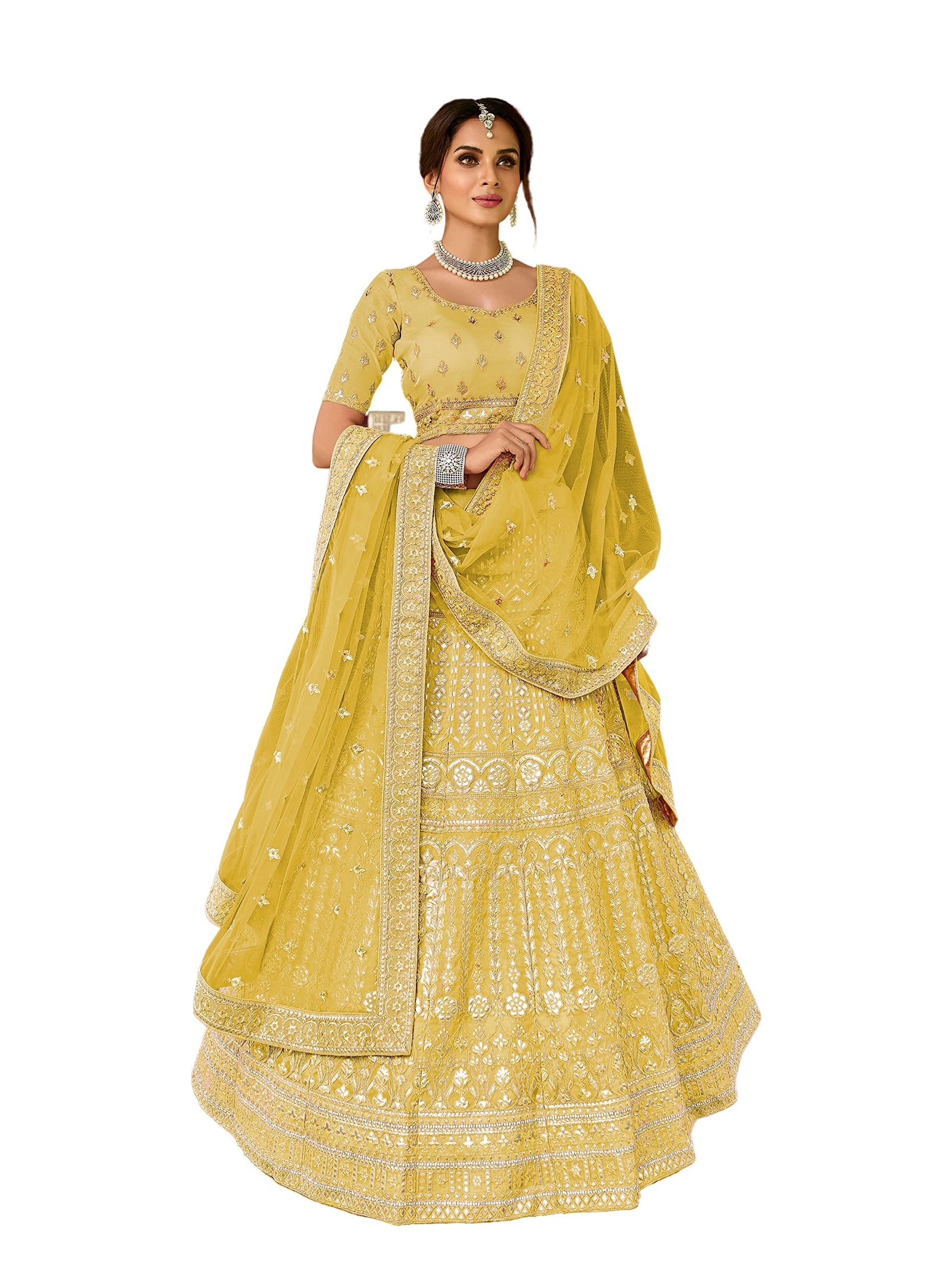 FUSIONIC Gota And Stone Work Yellow Color Organza Fabric Lehenga For Women