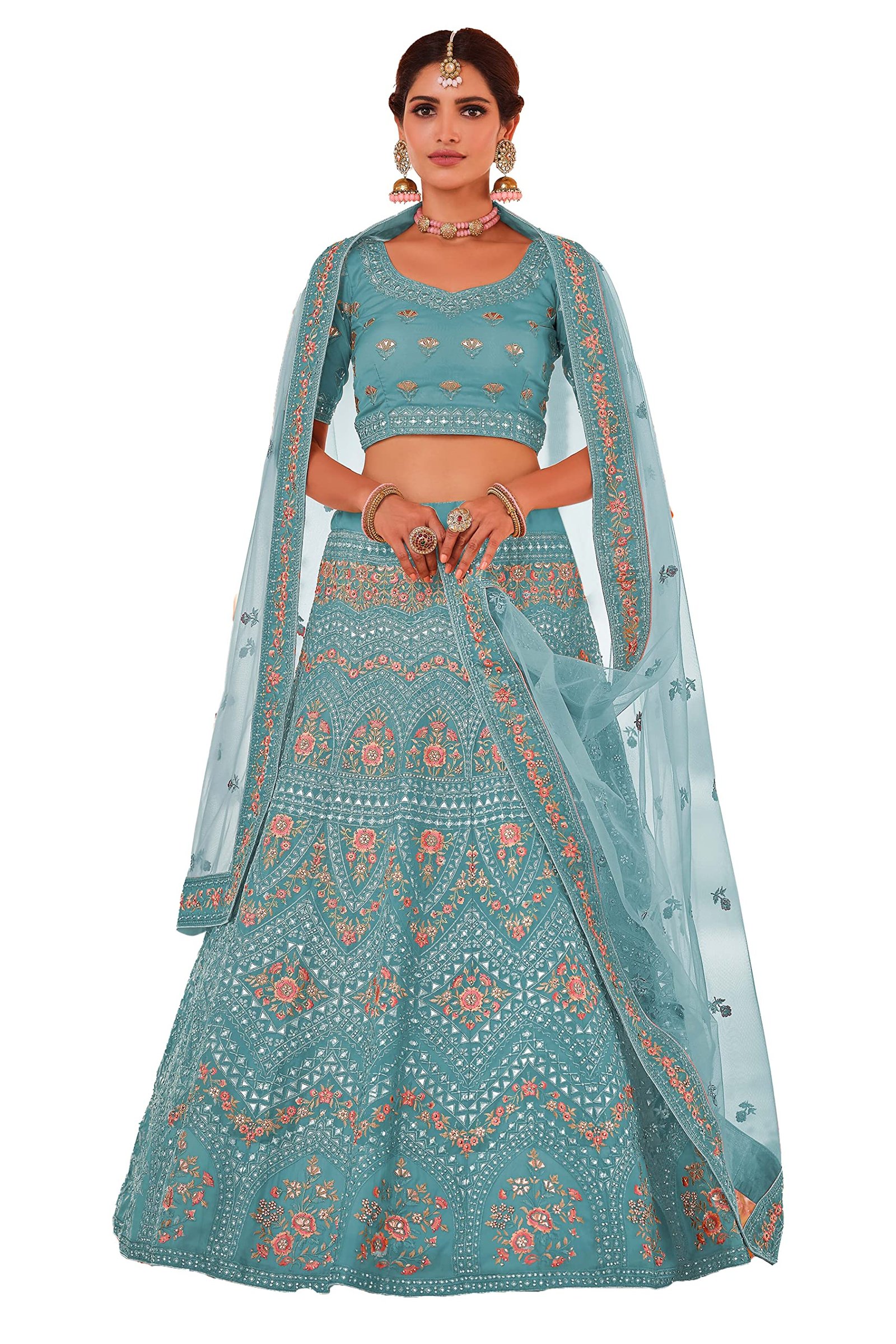 FUSIONIC Turquoise Color Organza Base Gota And Thread Work Lehenga For Women