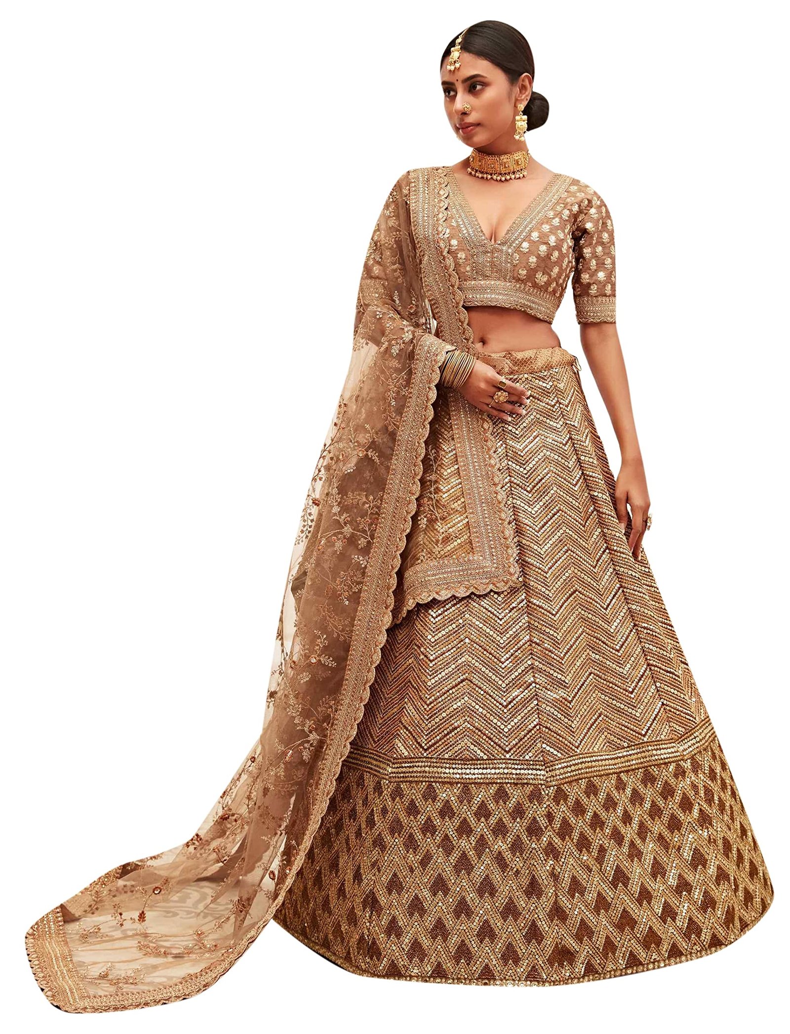 Divine Exim Women's Slub Silk Lehenga Choli With Dupatta (BROWN_ZCDE7709_Unstitched)