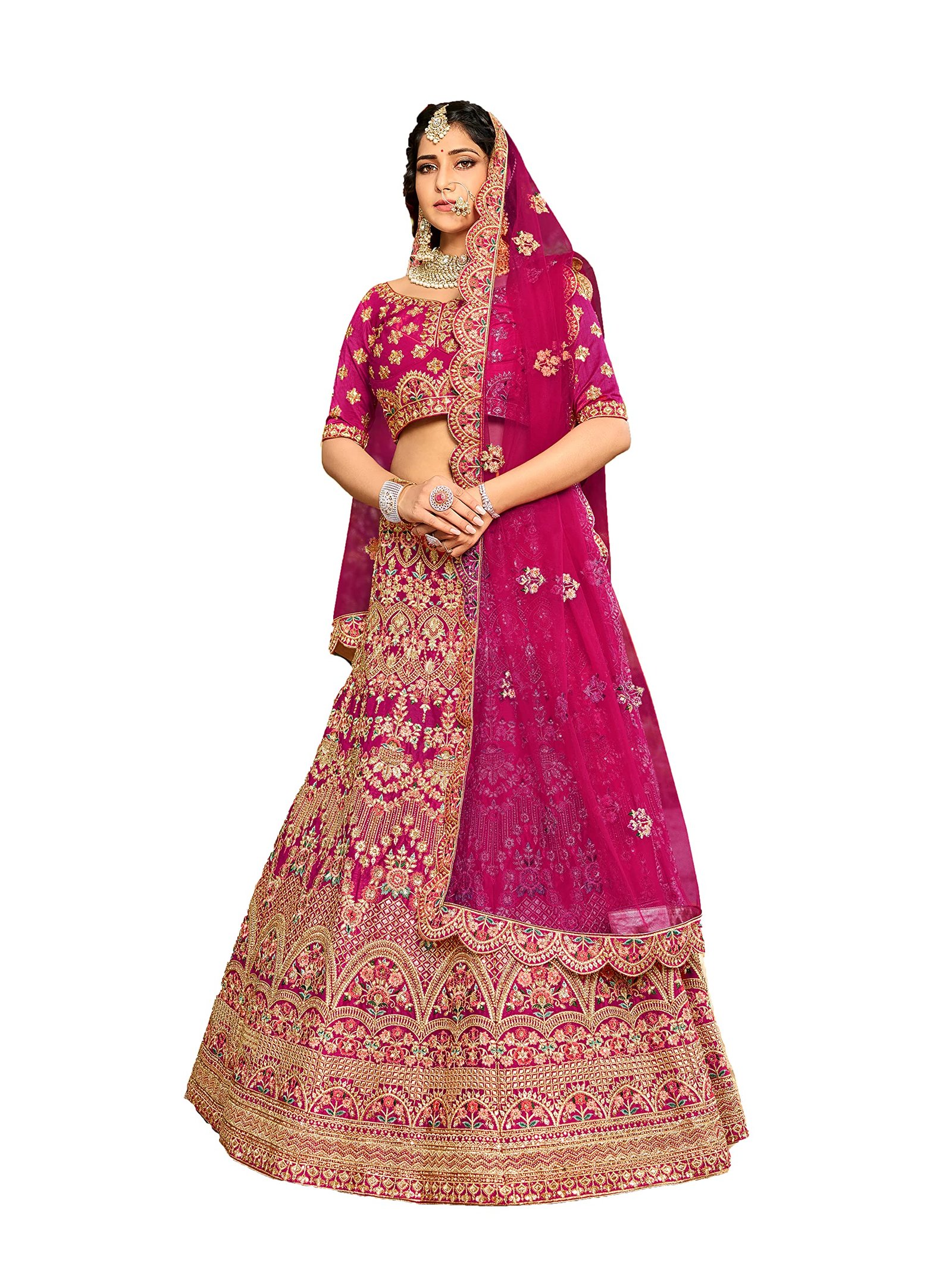 FUSIONIC Pink Color Raw Silk Base Heavy Work Lehenga For Women