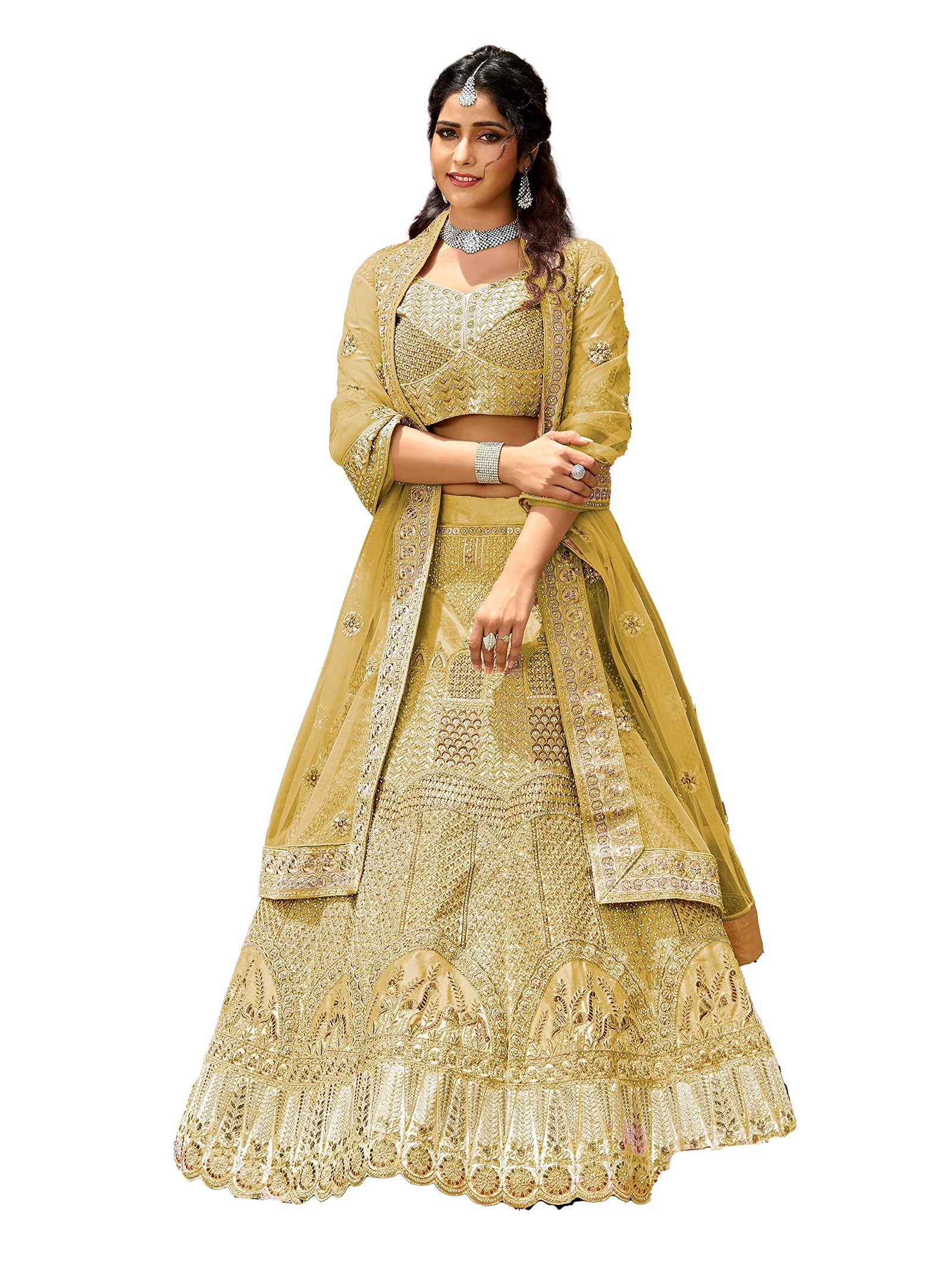 FUSIONIC Yellow Color Velvet Fabric Stone And Dori Work Lehenga Choli For Women