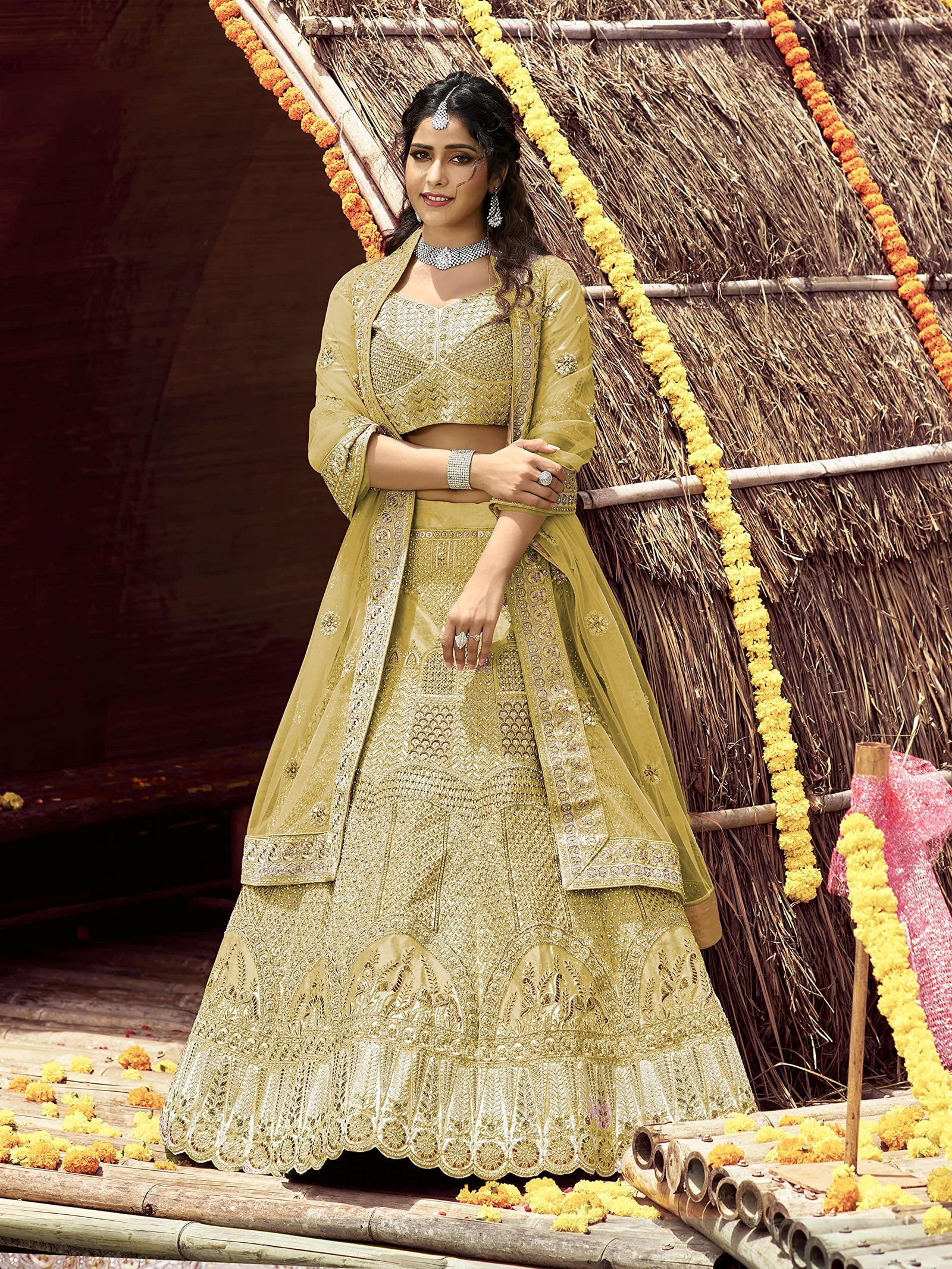 FUSIONIC Yellow Color Velvet Fabric Stone And Dori Work Lehenga Choli For Women - Image 2